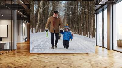 Kid with family have fun in a  winter park Wall mural