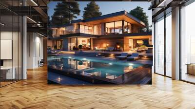 Modern house with a pool at evening or in the morning, which illuminated with yellow lights on the wall Wall mural