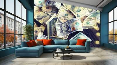 Money scattered on the desk. Money, US dollar bills background. Photography for Finance and Economy concepts. Wall mural