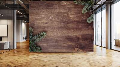 New Year's background. Spruce branches on a wooden table. Ornaments for the New Year tree. Christmas concept. Wall mural