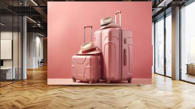 Pink suitcase with traveler accessories on pastel pink background. travel concept.minimal style. 3d rendering Wall mural