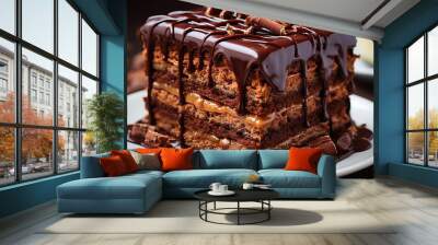 Plate with slice of tasty homemade chocolate cake on table Wall mural