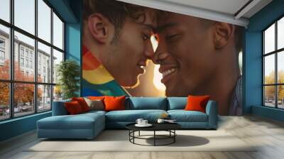 Portrait of young gay couple embracing and showing their love with rainbow flag at the street. LGBT and love concept. Wall mural