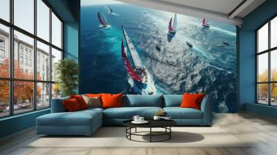 Regatta sailing ship yachts with white sails at opened sea. Aerial view of sailboat in windy condition. Wall mural