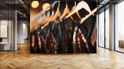 row of different brown clothes, dress,, pants dress, evening dress ,jacket on hanger Wall mural