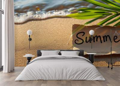 Summer Beach Scene with Ocean Waves and Palm Leaf Wall mural