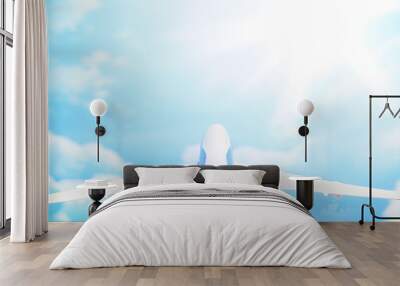 The plane flies in the sky above the clouds. Wall mural