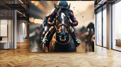 Two jockeys during horse races on his horses going towards finish line. Traditional European sport. Wall mural