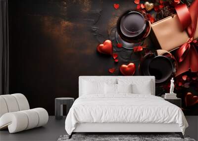 Valentines wine and rose,heart background Wall mural