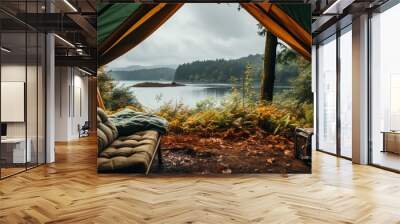 View from inside tent, Outdoor two empty chairs with picnic table and moka pot coffee for Camping. Wall mural