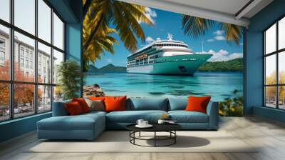 White cruise ship, liner, boat swim Wall mural