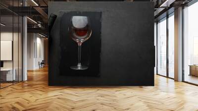 Wine glass and black wine bottle. Nuts cheese and tomatoes for snack. Wall mural