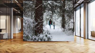 Young family for a walk. Mom and daughter are walking in a winter park. Wall mural