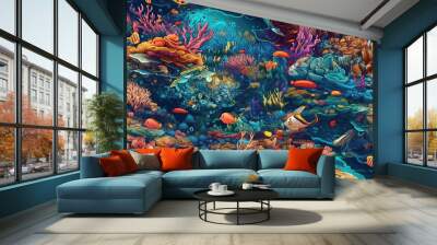 background with a seamless marine pattern with tropical fish and seaweed underwater on ocean. Generative AI illustration Wall mural