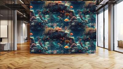 background with marine seamless pattern ornament with fish and underwater life on ocean. Generative AI illustration Wall mural