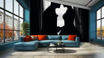 black and white silhouette of a couple in love bride and groom on the wedding day Wall mural