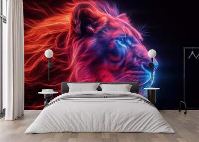 bright multicolored profile of neon glow face lioness on black isolated background Wall mural