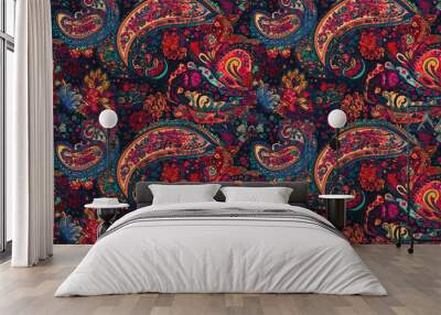 bright seamless oriental Indian paisley ornament. Oriental traditional pattern. Generative AI illustration Wall mural