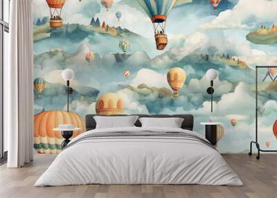 children watercolor background with seamless pattern with balloons flying in sky. Generative AI illustration Wall mural