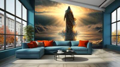 Christian God Jesus Christ walks on water on sea. Biblical religious symbol of faith. Generative AI illustration Wall mural