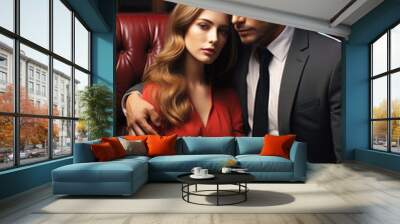 couple in love, businessman man and a gorgeous woman in a red dress hug and embrace. Cover of a book of romantic novels Wall mural