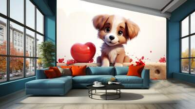 cute cartoon character dog puppy with a red heart on a white background with copy space. Valentine's Day greeting card Wall mural