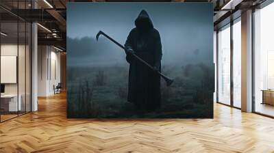 death in black cloak in hood at night in fog in the field. Generative AI illustration Wall mural