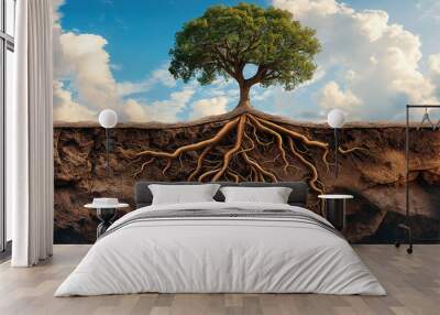 diagram of underground root system of tree growing in field in the summer in soil section Wall mural