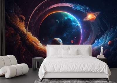 fantastic multicolored outer space with stars, constellations, galaxies, planets and nebulae. Generative AI Wall mural