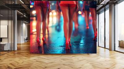 female legs of crowd of prostitute girls in miniskirts and high heels at night Wall mural