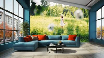 girl in a white dress with a wreath on her head on a meadow in nature on a Sunny summer day Wall mural