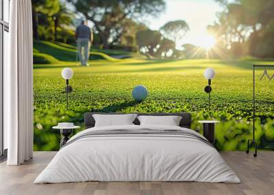 golf ball on green grass of lawn on golf course in summer at sunny day Wall mural