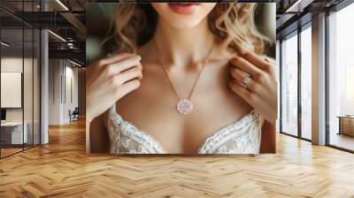 jewelry pendant on golden chain with precious diamond on neck bride girl in wedding white dress close up Wall mural