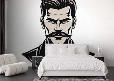 logo with face of a man with a mustache in a suit and tie on a white isolated background. An emblem for a stylish fashionable men's store or clothing brand Wall mural