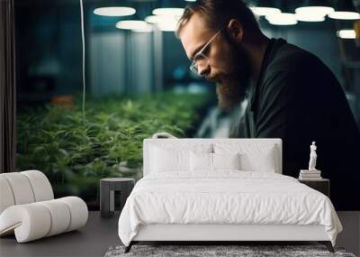 male worker in greenhouse with medicinal cannabis marijuana bushes. Legal commercial hemp growing business. Generative AI Wall mural