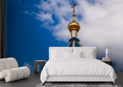 modern Golden dome with a cross on the green roof of the Orthodox Christian Church Wall mural