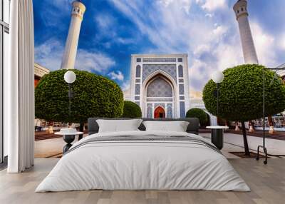 new modern Islamic white Masjid Minor Mosque with two minarets in Tashkent in Uzbekistan in summer Wall mural