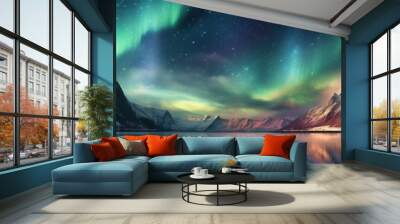 panorama with northern lights in night starry sky against background of mountains and lakes. Generative AI illustration Wall mural