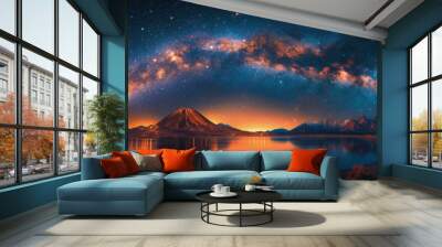 panoramic landscape with Milky way in starry night sky above peak of mountain volcano and ocean waters Wall mural