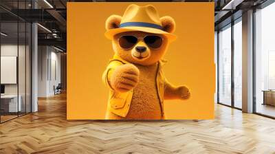 plush toy character stylish teddy bear in hat and sunglasses points with finger on yellow background. Generative AI illustration Wall mural