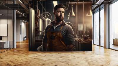 portrait of bearded male brewer in interior of modern brewery factory. Generative AI Wall mural