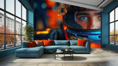 portrait of male driver Formula One racer in helmet in racing car F1 driving at race competition Wall mural