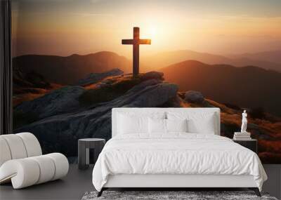 religious christian cross crucifixion on top of mountain at sunset. Generative AI illustration Wall mural