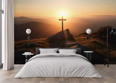 religious christian cross crucifixion on top of mountain at sunset. Generative AI illustration Wall mural