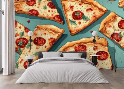 seamless pattern with slices of Italian pepperoni pizza on blue background. Fast food Wall mural