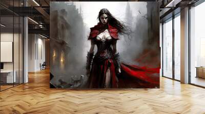 sexy vampire girl in a red dress at night in city. Generative AI illustration Wall mural