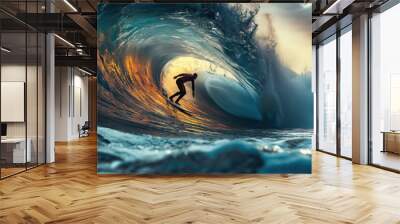 silhouette of man surfer on surfboard surfing waves in summer. Sunny landscape wide panorama of sea Wall mural