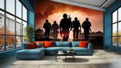 silhouette of squad of armed soldiers on battlefield sunset background. Generative AI Wall mural