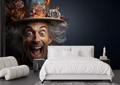 surprised happy funny man sorcerer wizard magician in a hat with an open mouth on a background with a space to copy Wall mural