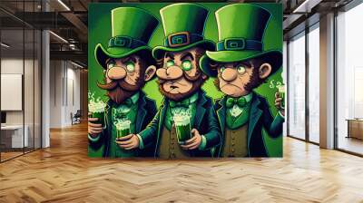 three Irish friends in green hats with mugs of green beer celebrate St. Patrick's Day. Cartoon style. Generative AI Wall mural